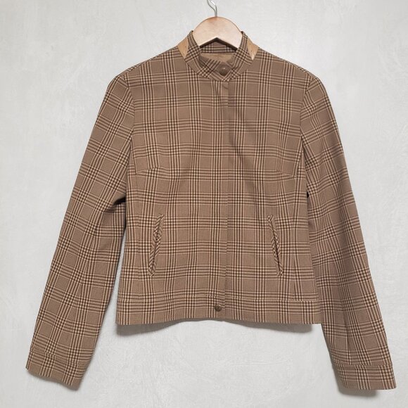 BCBGMAXAZRIA Tan Brown Plaid Zip Up Faux Leather Patch Jacket - Picture 1 of 15